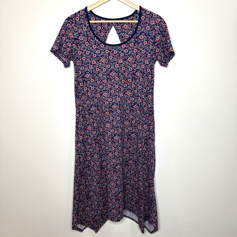 Cuddl Duds Dress Flexwear Medium Blue Floral‎ Midi Asymmetrical Soft Cozy Lounge